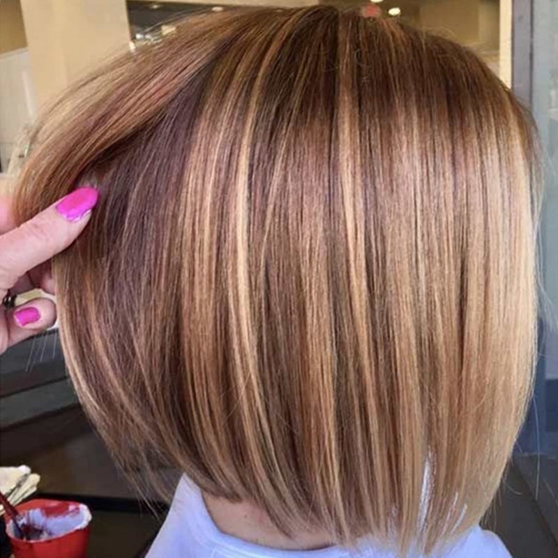 TISHINING Side Part Short Layered Bob Wigs for White Women Chin Length Blonde Mixed Brown Cute Straight Pixie Bob Wig Inverted Bob Wig Synthetic Natural Looking Daily Party Wig 10 inch